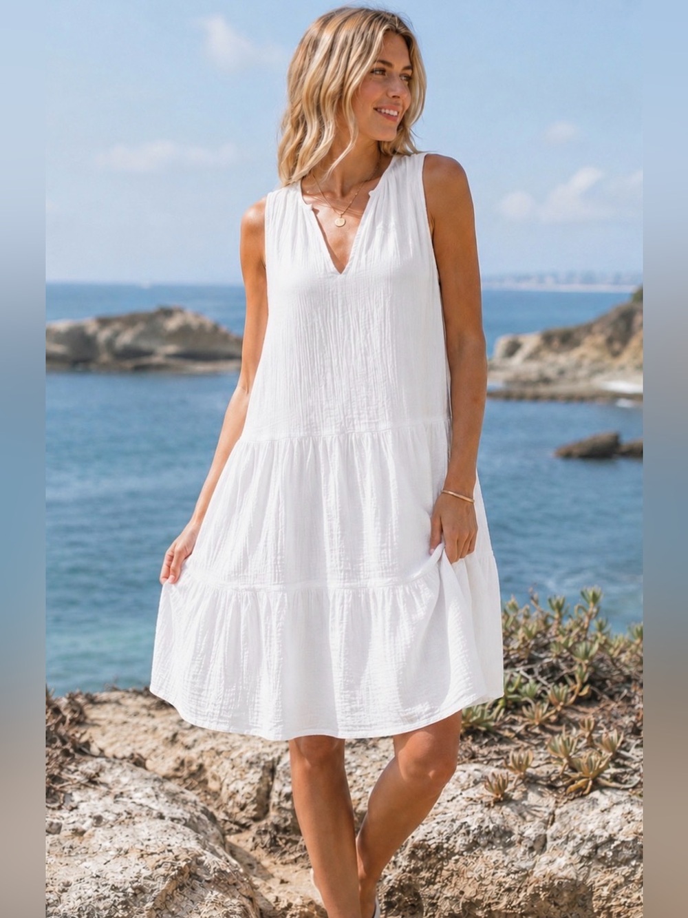 C&C California White Gauze Tiered Sleeveless Boho Midi Dress Coastal Medium